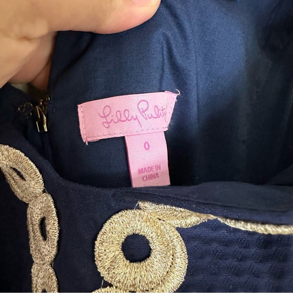 Lilly Pulitzer Mini Dress Gold Embroidered Trim Navy Blue Textured Cotton 0 - Picture 3 of 10